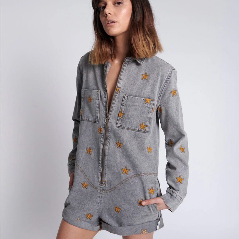 One Teaspoon Gray Denim Star-Embroidered Jacket